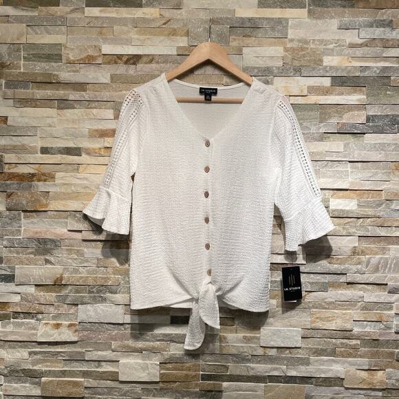 I.N. Studio PS White Tie Front Blouse | Crochet Sleeve, Stretch Textured Top NWT - Picture 1 of 5